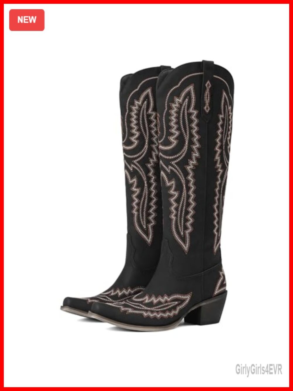 Women's Knee High Cowboy Boots Embroidered Chunky Heel PU Leather Square Toe